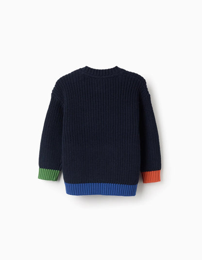 Knitted Jumper with Colourful Details for Baby Boys, Dark Blue