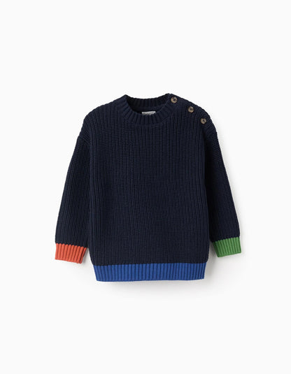 Knitted Jumper with Colourful Details for Baby Boys, Dark Blue
