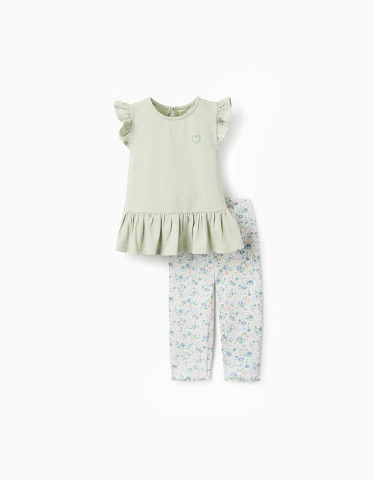 Top + Floral Ribbed Leggings for Baby Girls, Green/White