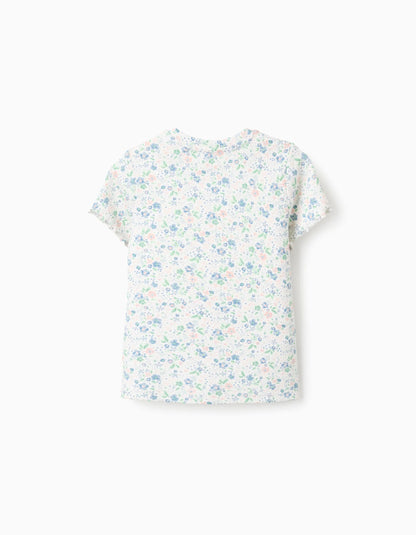 Floral Ribbed T-shirt for Girls, White/Pink/Blue/Green
