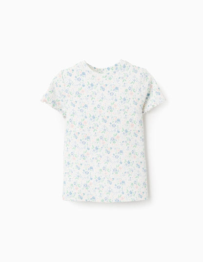 Floral Ribbed T-shirt for Girls, White/Pink/Blue/Green