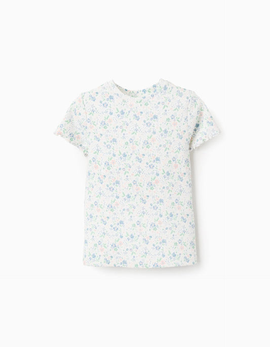 Floral Ribbed T-shirt for Girls, White/Pink/Blue/Green