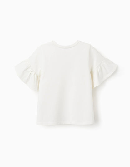 Cotton T-shirt with Ruffle Sleeves for Girls 'Happy', White