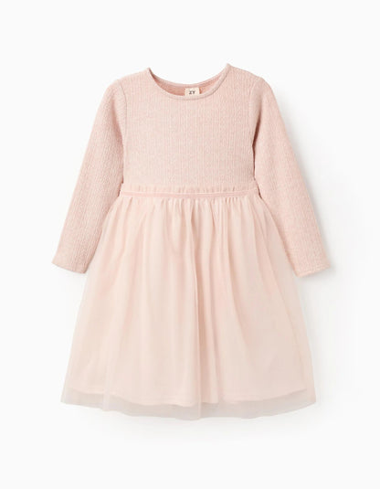 Dual-Fabric Dress with Openwork Knit and Tulle for Girls, Pink