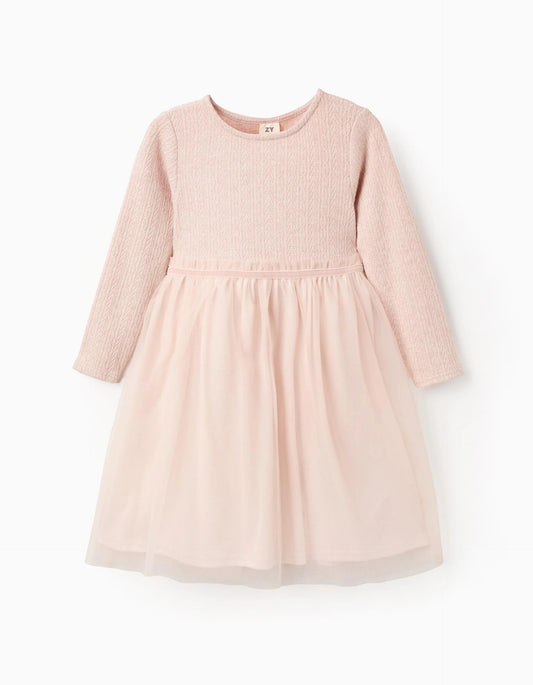 Dual-Fabric Dress with Openwork Knit and Tulle for Girls, Pink