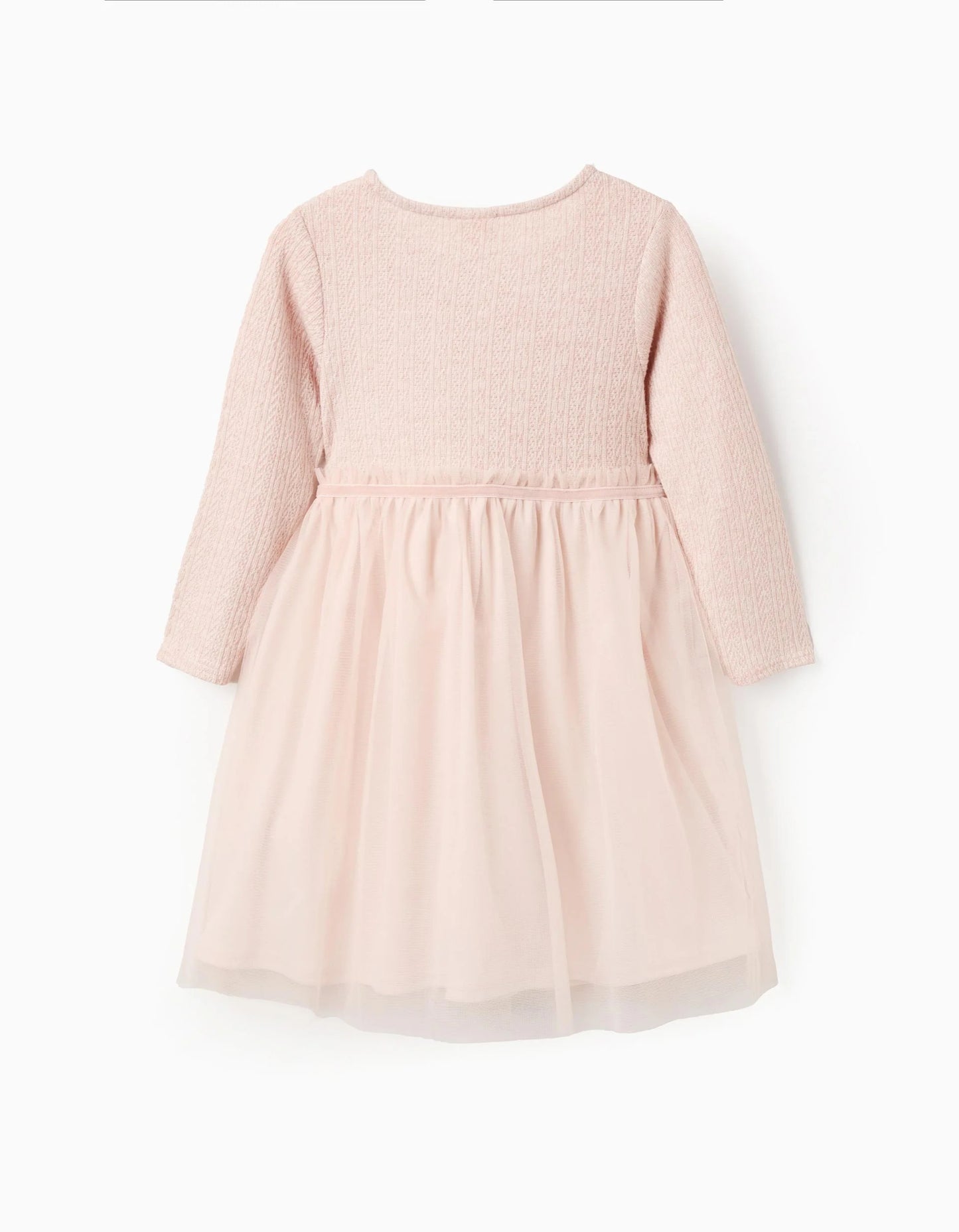 Dual-Fabric Dress with Openwork Knit and Tulle for Girls, Pink