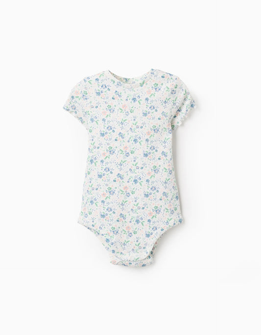 Ribbed Floral Bodysuit for Newborn Girls, White/Pink/Blue/Green