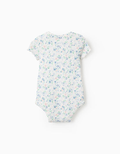 Ribbed Floral Bodysuit for Newborn Girls, White/Pink/Blue/Green