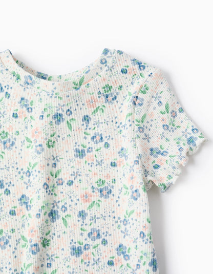 Ribbed Floral Bodysuit for Newborn Girls, White/Pink/Blue/Green