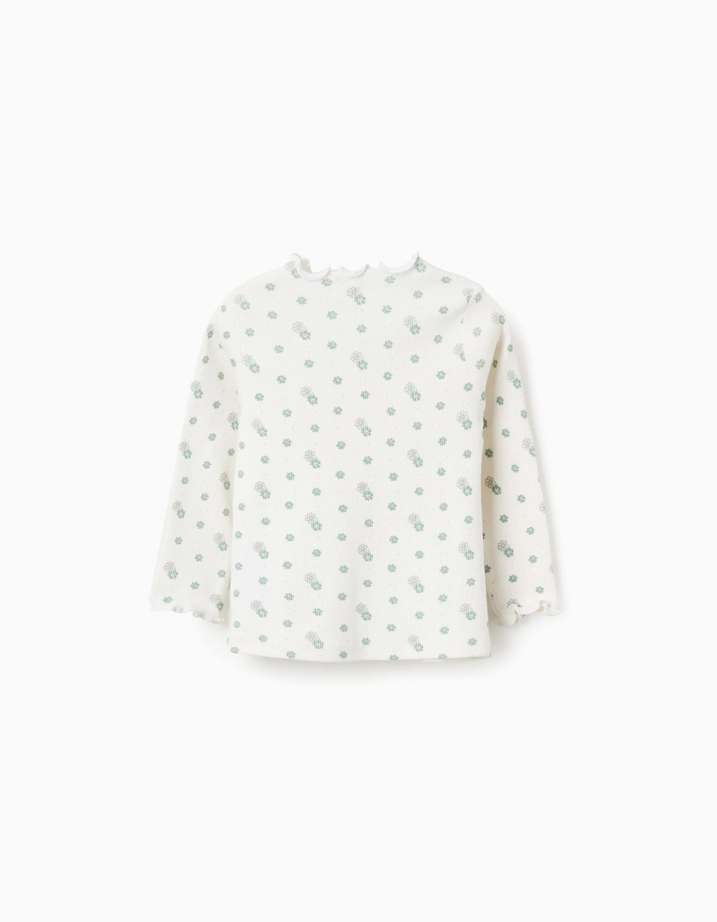 Long Sleeve Ribbed T-shirt with Floral Motif for Baby Girls, White