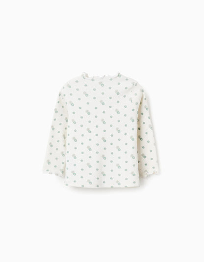 Long Sleeve Ribbed T-shirt with Floral Motif for Baby Girls, White