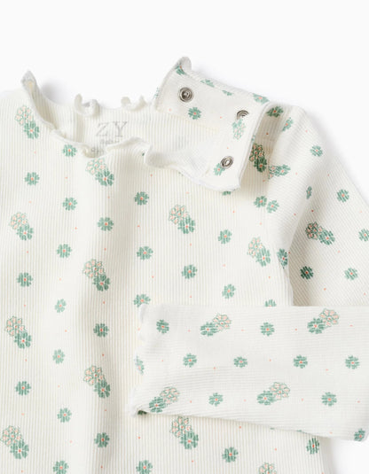 Long Sleeve Ribbed T-shirt with Floral Motif for Baby Girls, White