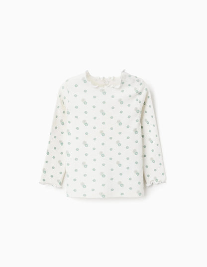 Long Sleeve Ribbed T-shirt with Floral Motif for Baby Girls, White