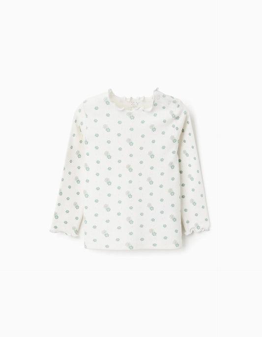 Long Sleeve Ribbed T-shirt with Floral Motif for Baby Girls, White