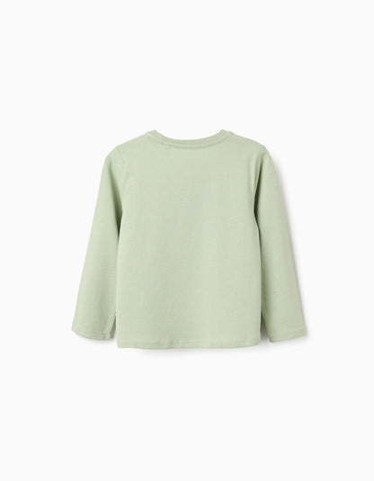 Long sleeve cotton T-shirt with 'Fully Awake' print for girls, light green