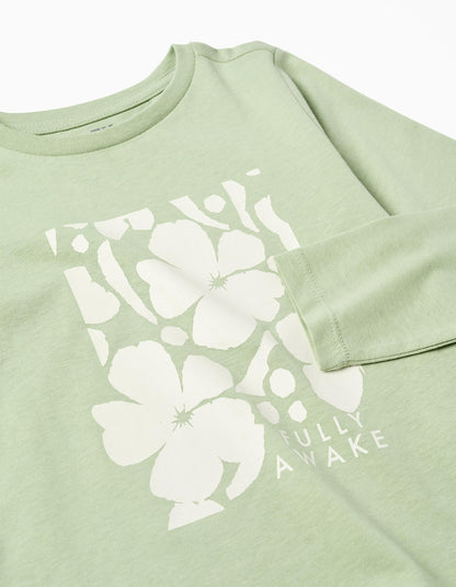 Long sleeve cotton T-shirt with 'Fully Awake' print for girls, light green