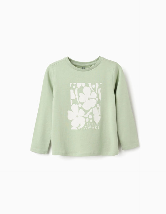 Long sleeve cotton T-shirt with 'Fully Awake' print for girls, light green