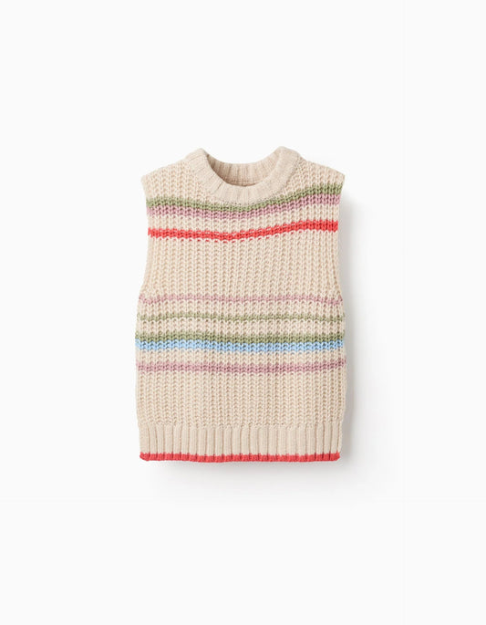 Knitted Waistcoat with Colourful Stripes for Girls, Beige