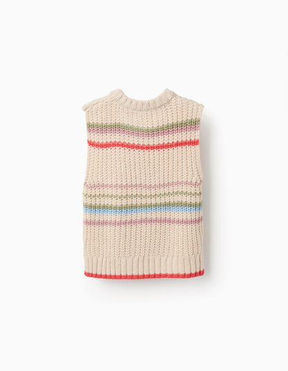 Knitted Waistcoat with Colourful Stripes for Girls, Beige