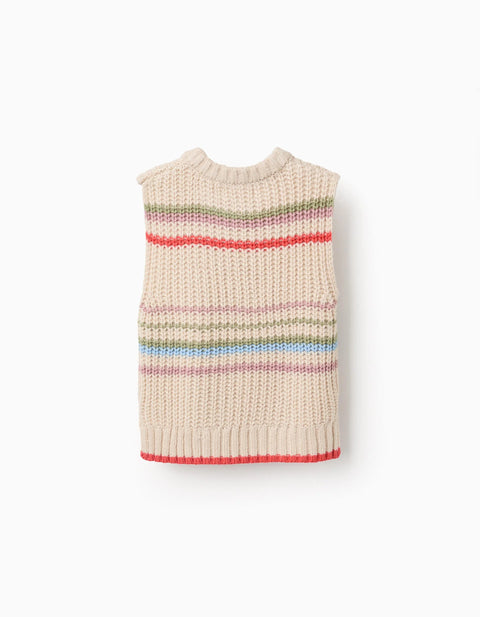 Knitted Waistcoat with Colourful Stripes for Girls, Beige