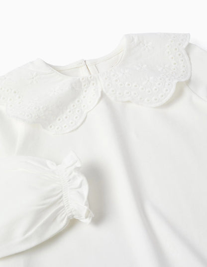 T-shirt with Broderie Anglaise Collar for Baby Girls, White