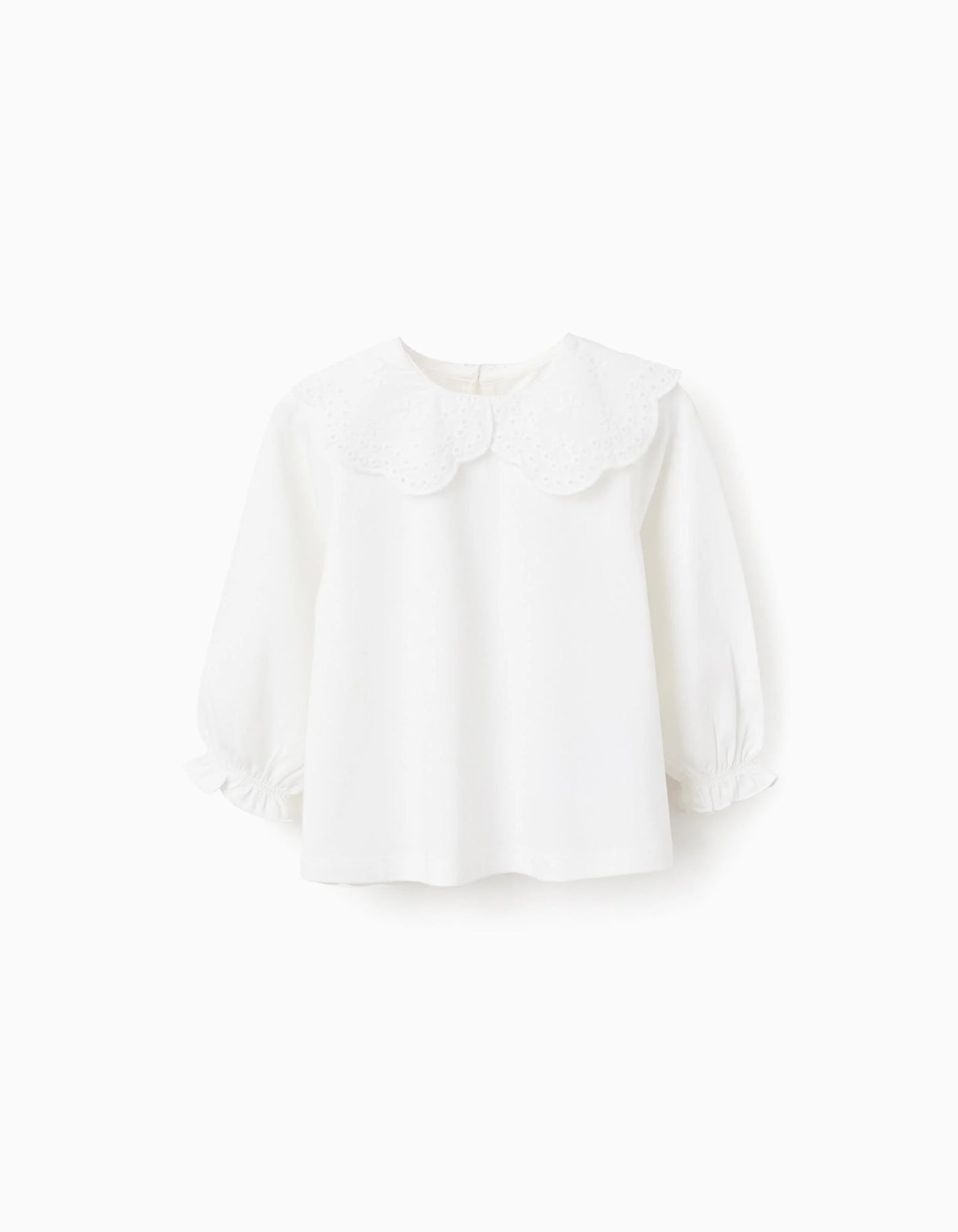 T-shirt with Broderie Anglaise Collar for Baby Girls, White