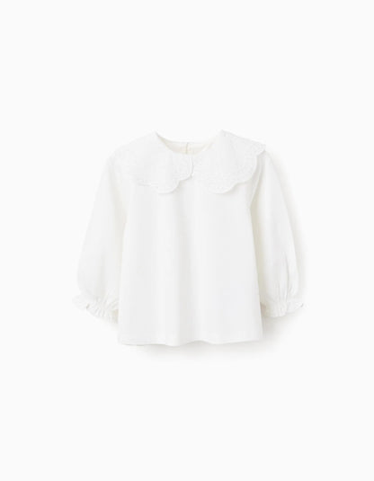 T-shirt with Broderie Anglaise Collar for Baby Girls, White