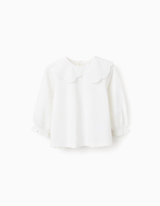 T-shirt with Broderie Anglaise Collar for Baby Girls, White