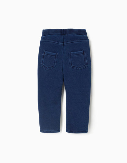 Brushed jeggings with flexible waistband for baby girls, dark blue