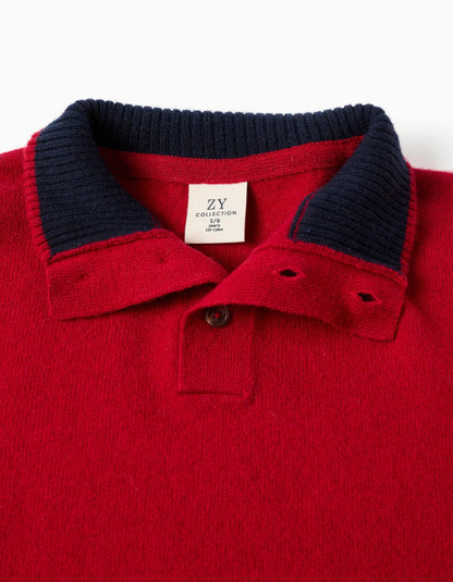 Knitted Jumper in a Wool Blend with Mock Neck for Boys, Red/Dark Blue