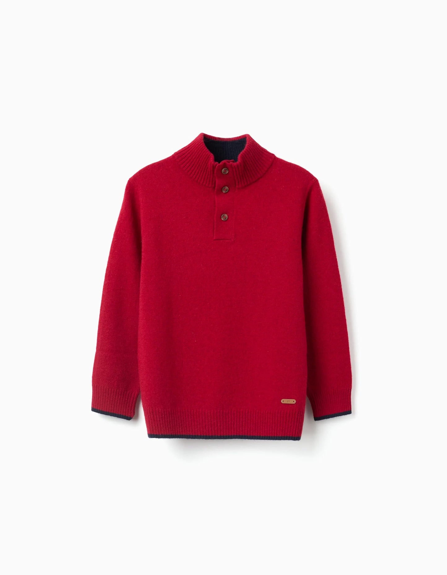 Knitted Jumper in a Wool Blend with Mock Neck for Boys, Red/Dark Blue