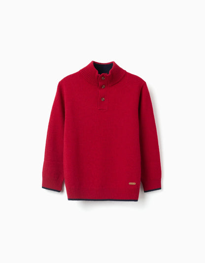 Knitted Jumper in a Wool Blend with Mock Neck for Boys, Red/Dark Blue