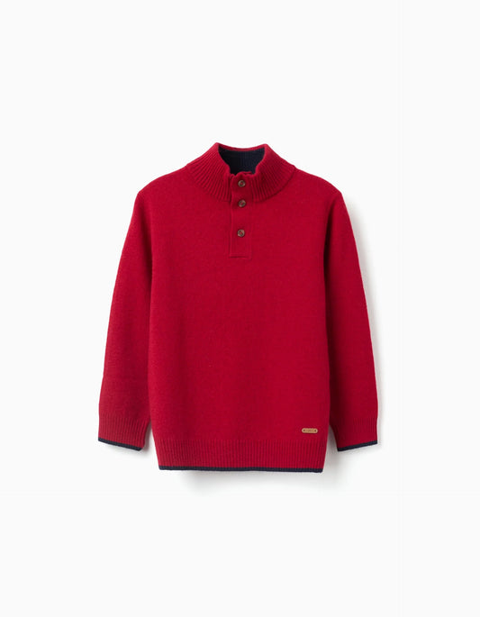 Knitted Jumper in a Wool Blend with Mock Neck for Boys, Red/Dark Blue