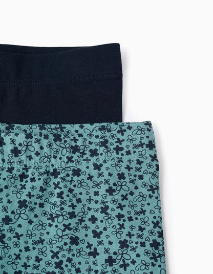 Pack of 2 Floral/Smooth Leggings for Girls, Blue/Turquoise