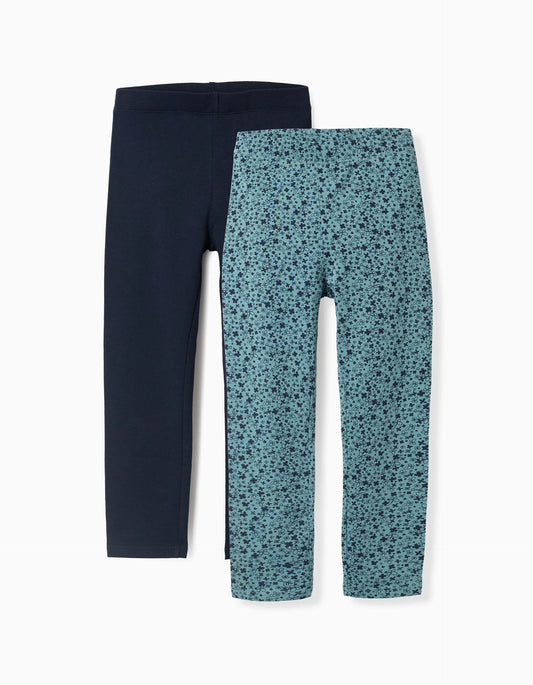 Pack of 2 Floral/Smooth Leggings for Girls, Blue/Turquoise