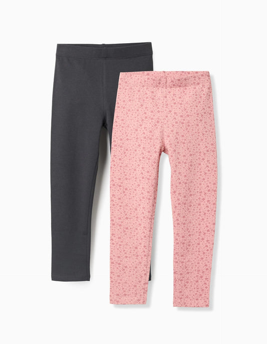 Pack of 2 Floral/Smooth Leggings for Girls, Pink/Grey