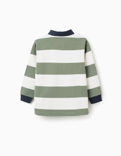 Long Sleeve Cotton Polo Shirt with Stripes for Boys, Green/White/Blue
