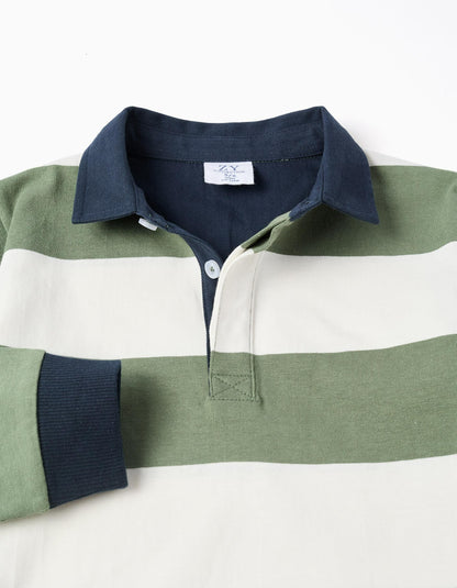 Long Sleeve Cotton Polo Shirt with Stripes for Boys, Green/White/Blue