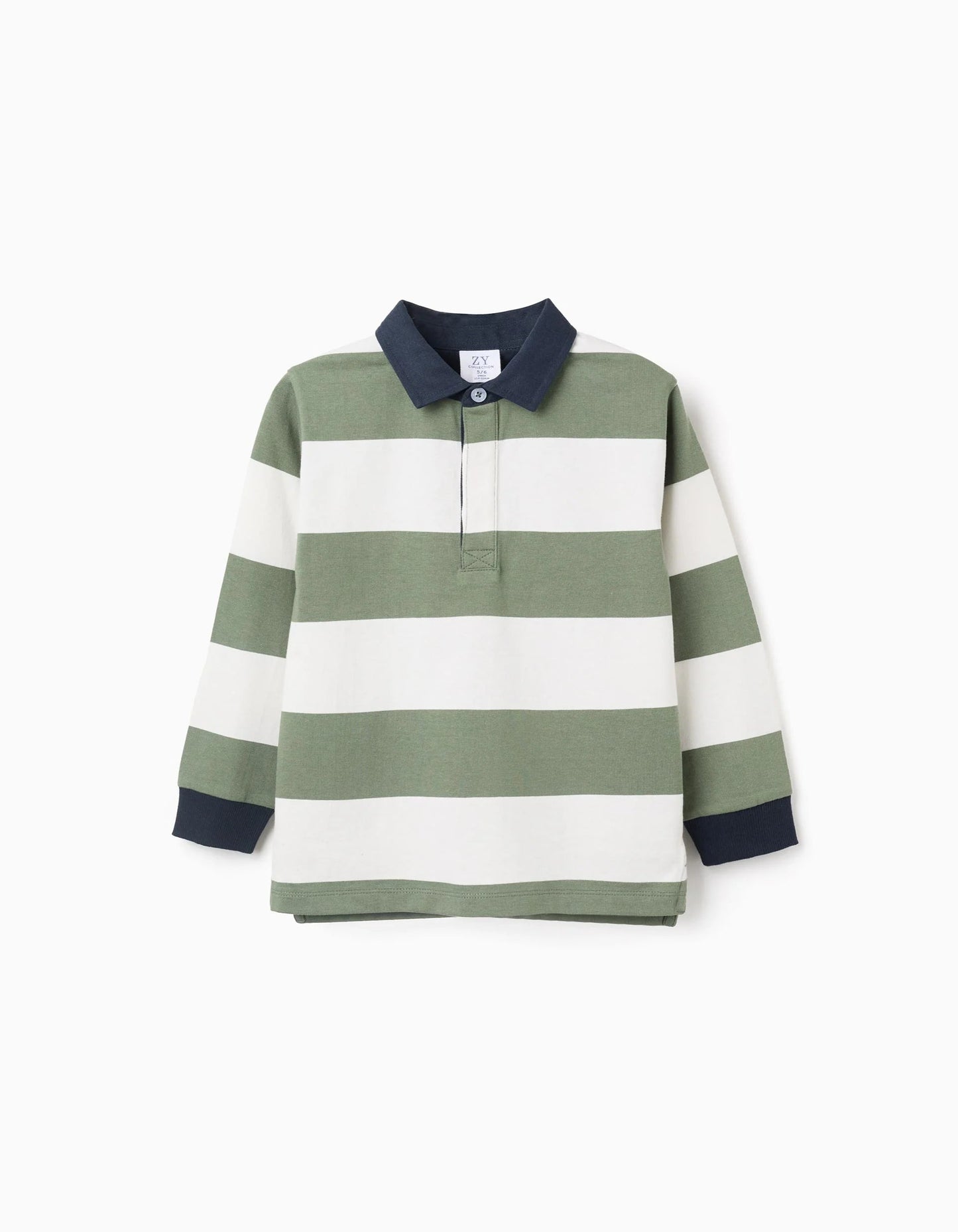 Long Sleeve Cotton Polo Shirt with Stripes for Boys, Green/White/Blue
