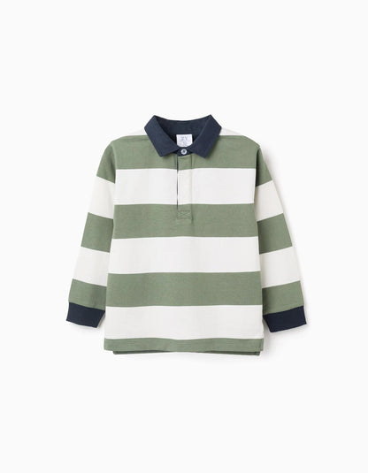 Long Sleeve Cotton Polo Shirt with Stripes for Boys, Green/White/Blue