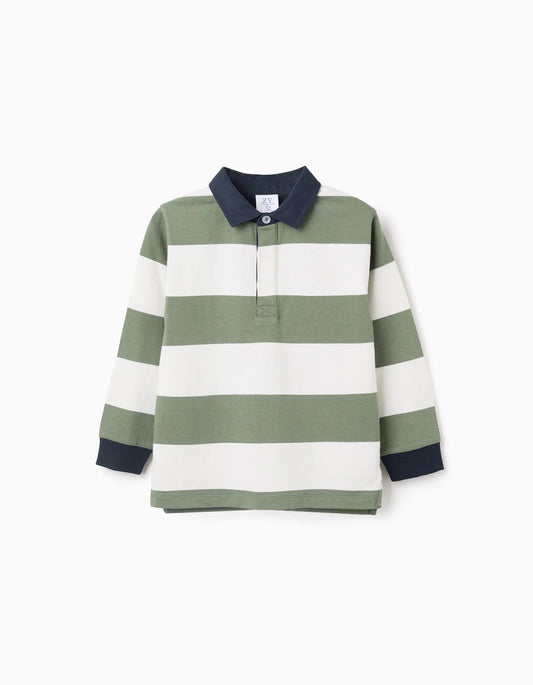 Long Sleeve Cotton Polo Shirt with Stripes for Boys, Green/White/Blue