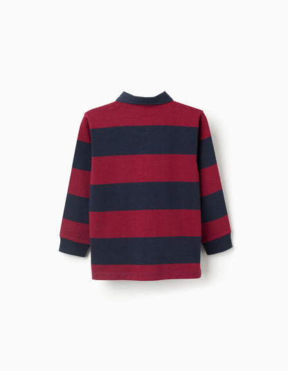 Long Sleeve Cotton Polo Shirt with Stripes for Boys, Dark Blue/Red