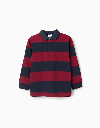 Long Sleeve Cotton Polo Shirt with Stripes for Boys, Dark Blue/Red