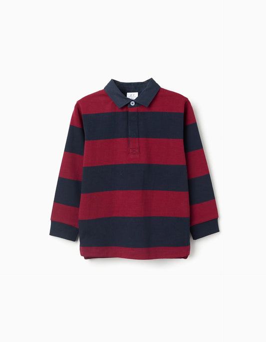 Long Sleeve Cotton Polo Shirt with Stripes for Boys, Dark Blue/Red