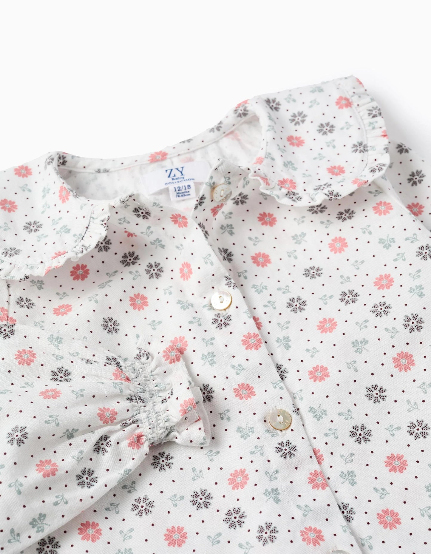 Floral Cotton Shirt for Baby Girls, White/Pink/Green