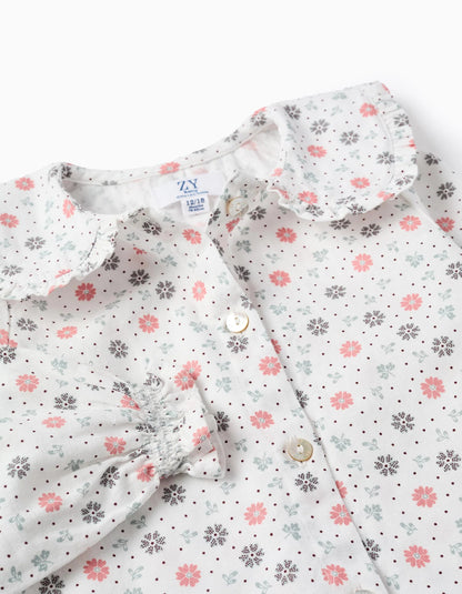 Floral Cotton Shirt for Baby Girls, White/Pink/Green