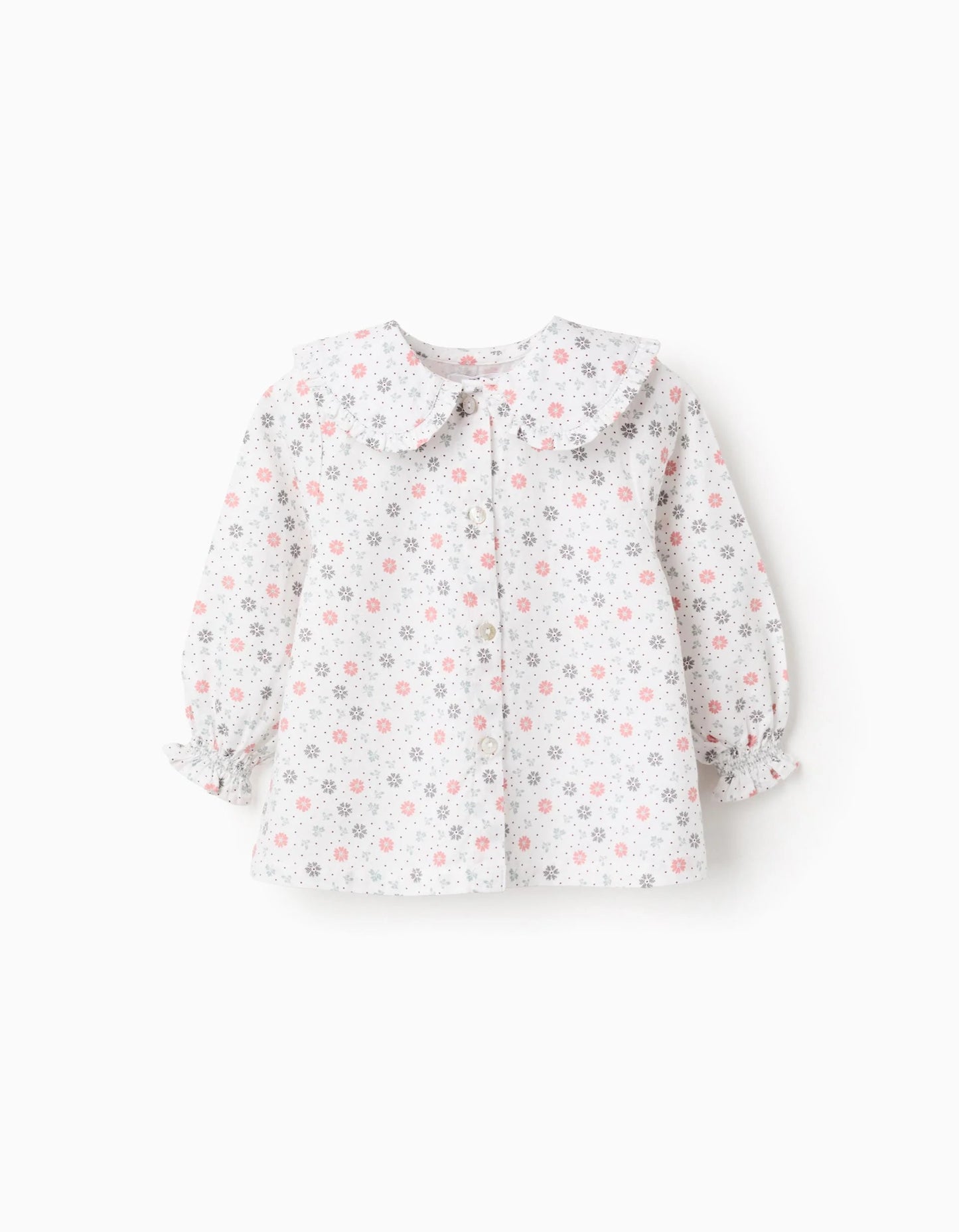 Floral Cotton Shirt for Baby Girls, White/Pink/Green