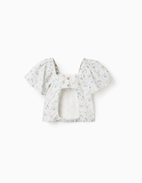 Floral Top with Butterfly Sleeves and Open Back for Girls, White