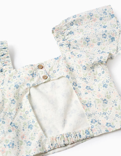 Floral Top with Butterfly Sleeves and Open Back for Girls, White