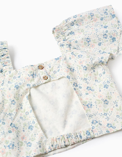 Floral Top with Butterfly Sleeves and Open Back for Girls, White
